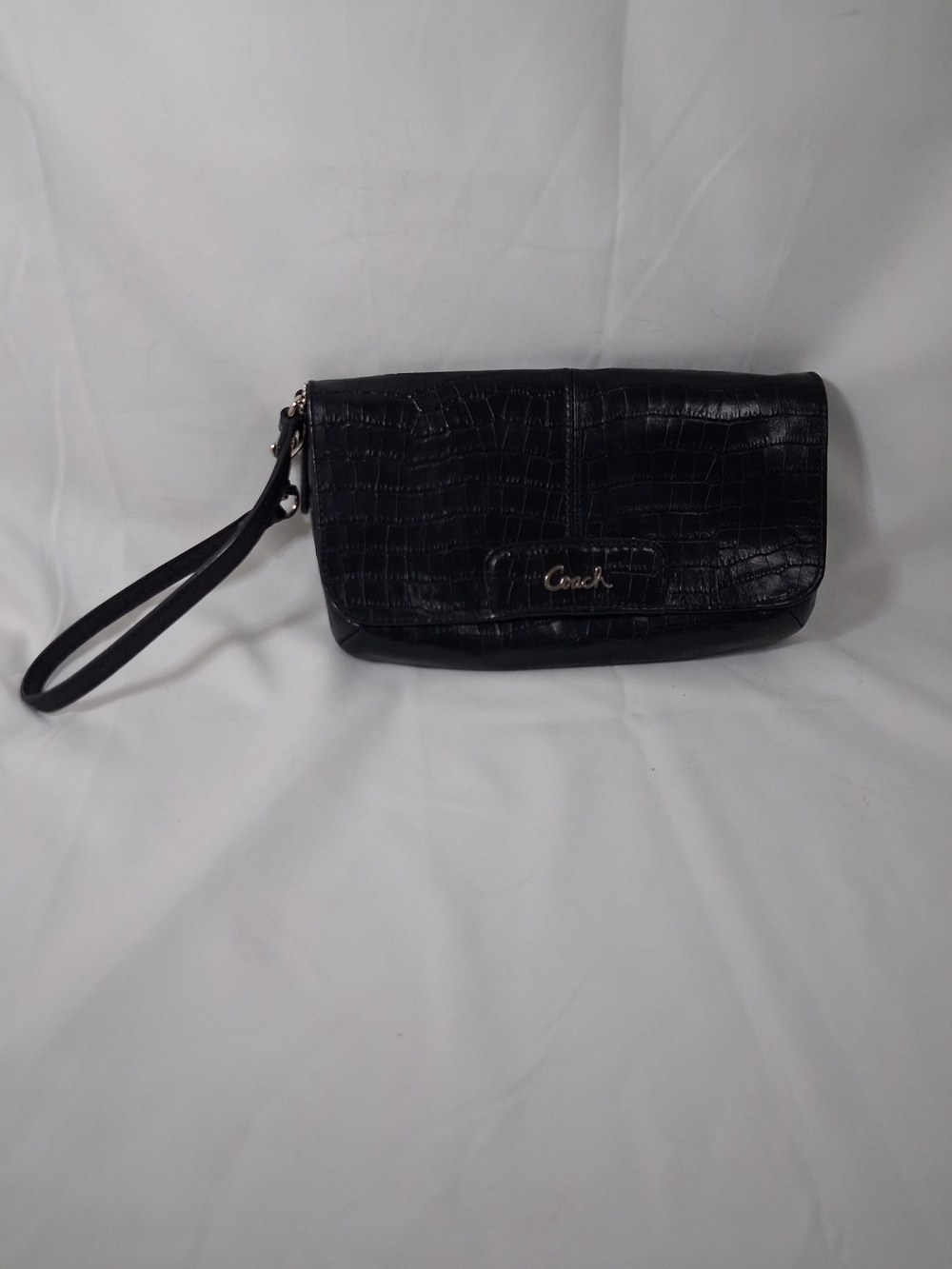 Coach Black Croc-Embossed Leather Wristlet Clutch